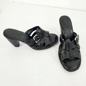 Born Lucia Black Leather Peep Toe Mules Heels Strappy Sandals Sz 7